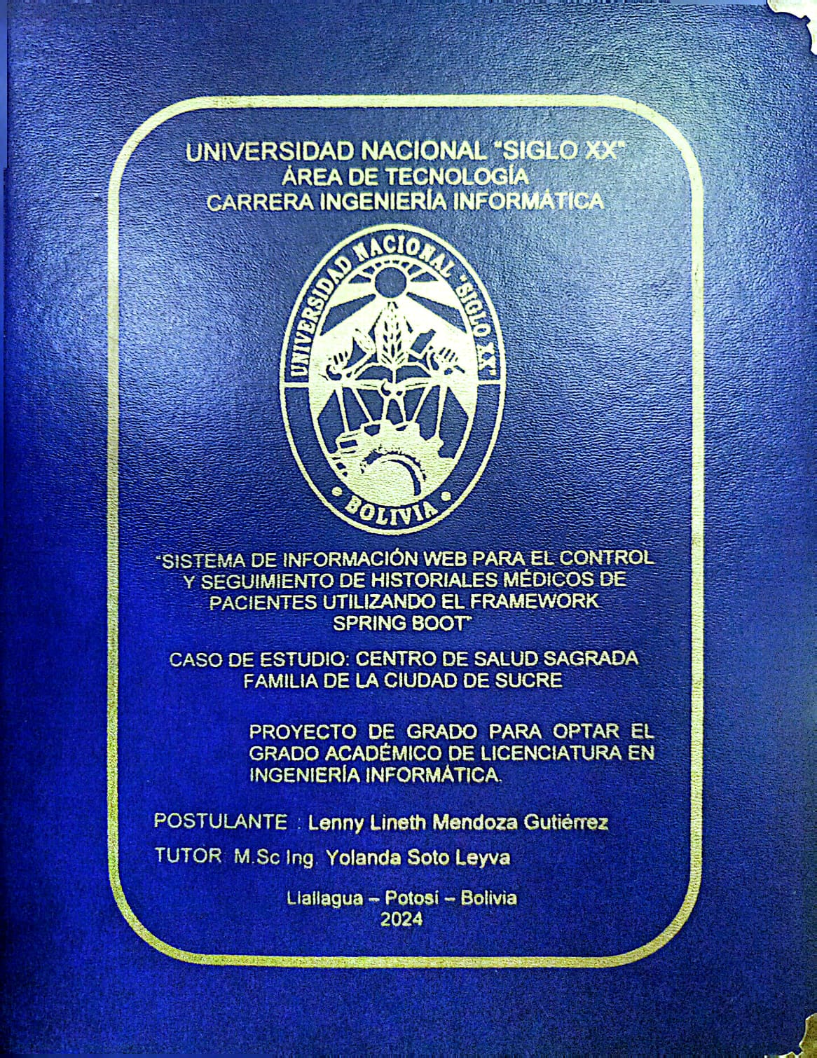 Portada “SISTEMA DE INFORMACIÓN WEB PARA EL CONTROL Y SEGUIMIENTO DE HISTORIALES MÉDICOS DE PACIENTES UTILIZANDO EL FRAMEWORK SPRING BOOT”