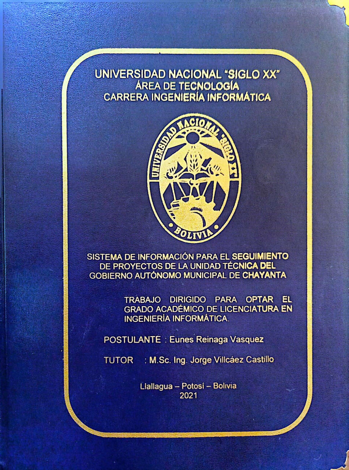 Portada SISTEMA DE INFORMACIÓN PARA EL SEGUIMIENTO DE PROYECTOS DE LA UNIDAD TÉCNICA DEL GOBIERNO AUTÓNOMO MUNICIPAL DE CHAYANTA